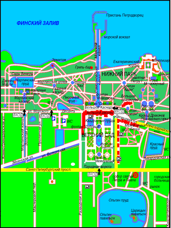 plano de petrodvorets, palacios y parques